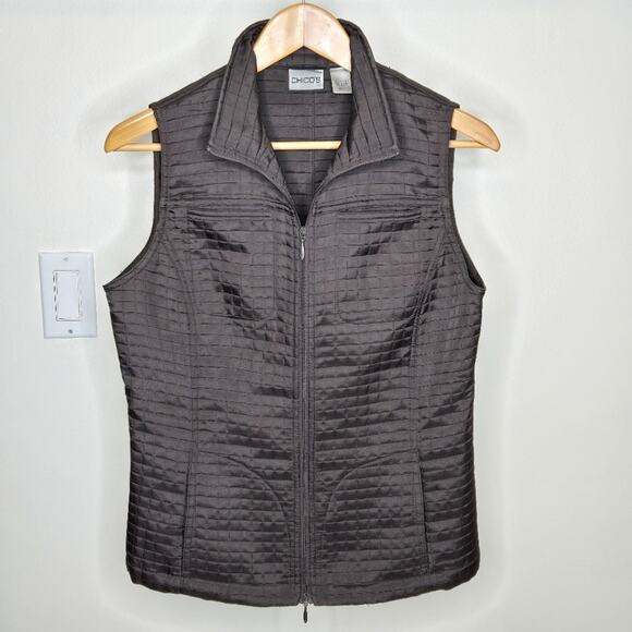 Chico's Quilted Dark Green/Gray Quilted Waffle Pattern 2way Zip Vest Sz 0/Small - Picture 1 of 10